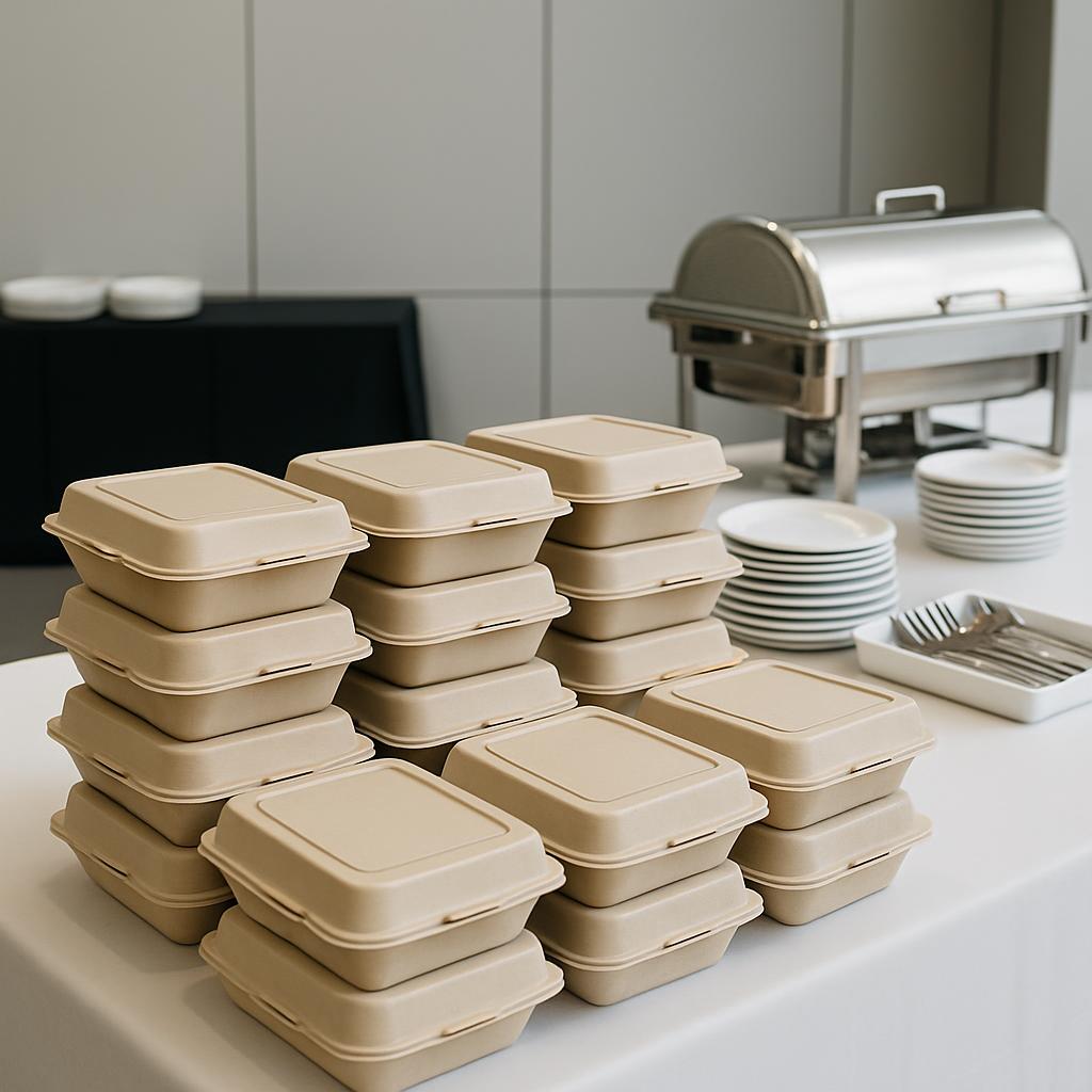 Um buffet com pratos e pequenos contêineres de eco.