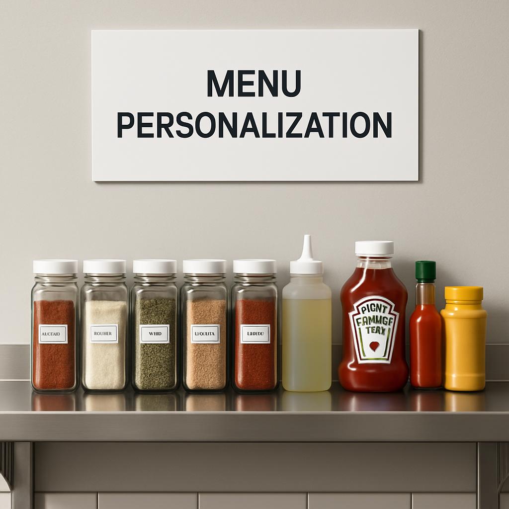 Um visor de menu da cozinha com produtos prontos para personalização, incluindo condimentos e molhos especiais. en