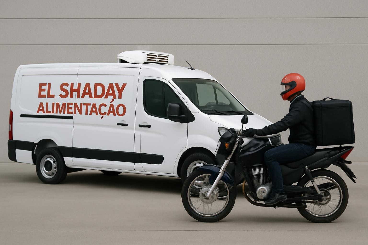 um carro refrigerado branco com os dizeres El Shaday Alimentação em letras vermelhas na lateral e ao lado uma moto com motoboy usando uniforme, transportando uma caixa térmica nas costas